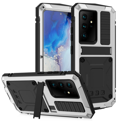 Samsung Galaxy S21 Ultra 5G R-JUST Shockproof Water Resistant Dust-proof Metal + Silicone Protective Case with Holder - Silver