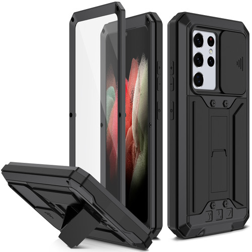 Samsung Galaxy S21 Ultra 5G R-JUST Sliding Lens Cover Shockproof Dustproof Water Resistant Metal + Silicone Case with Invisible Holder - Black