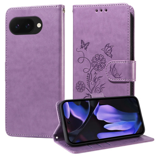 Google Pixel 9a Embossed Butterfly Flowers Leather Phone Case - Green