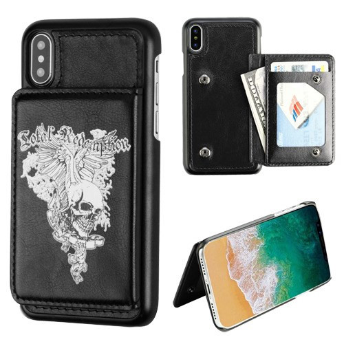 MyBat Executive Protector Cover (PC Case with Snap Fasteners) for Apple iPhone XS/X - Skull Wing / Black Flip Wallet