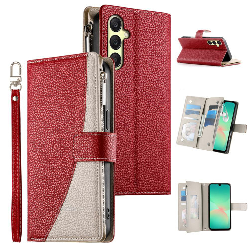 Samsung Galaxy A16 5G / A26 5G Stitching Multi-card Zipper Wallet Leather Phone Case with Short Strap - Red