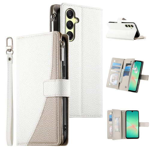 Samsung Galaxy A16 5G / A26 5G Stitching Multi-card Zipper Wallet Leather Phone Case with Short Strap - White