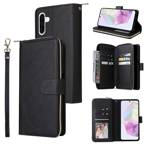 Samsung Galaxy A26 5G 9-Card Slots Zipper Wallet Bag Leather Phone Case - Black