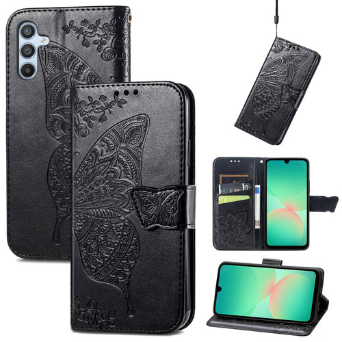 Samsung Galaxy A26 5G Butterfly Love Flower Embossed Leather Phone Case - Black