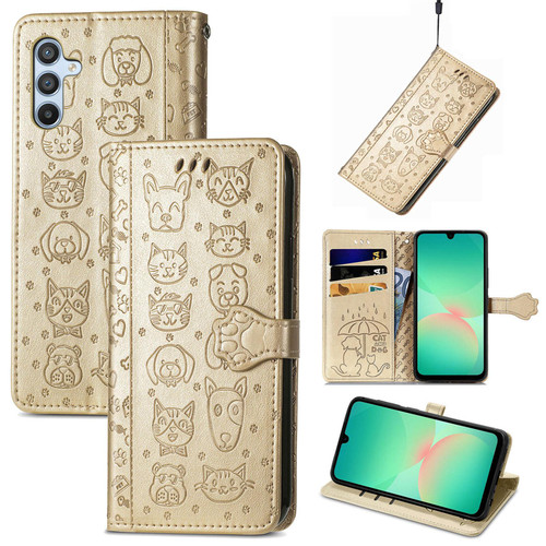 Samsung Galaxy A26 5G Cat and Dog Embossed Leather Phone Case - Gold