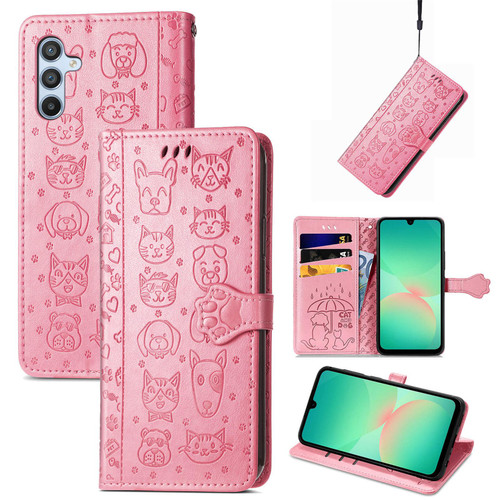 Samsung Galaxy A26 5G Cat and Dog Embossed Leather Phone Case - Pink