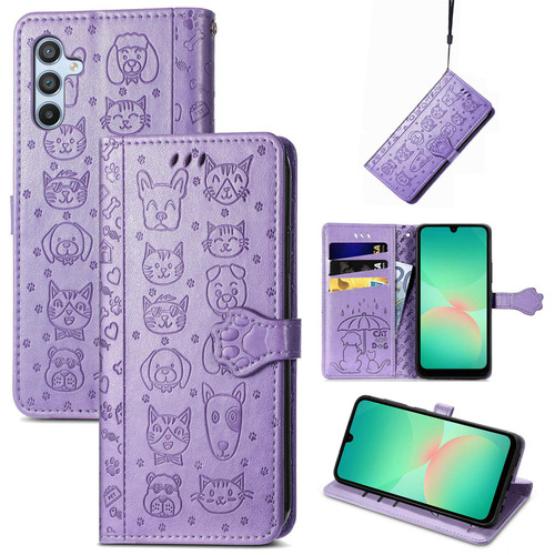 Samsung Galaxy A26 5G Cat and Dog Embossed Leather Phone Case - Purple