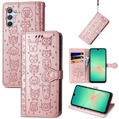 Samsung Galaxy A26 5G Cat and Dog Embossed Leather Phone Case - Rose Gold