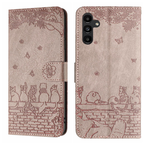 Samsung Galaxy A26 5G Cat Embossing Pattern Leather Phone Case with Lanyard - Grey