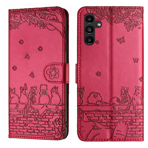 Samsung Galaxy A26 5G Cat Embossing Pattern Leather Phone Case with Lanyard - Red