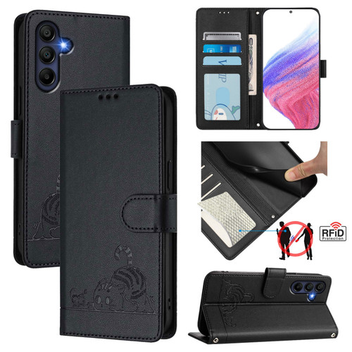 Samsung Galaxy A26 5G Cat Rat Embossed Pattern RFID Leather Phone Case with Lanyard - Black