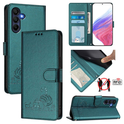 Samsung Galaxy A26 5G Cat Rat Embossed Pattern RFID Leather Phone Case with Lanyard - Peacock Green