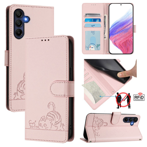Samsung Galaxy A26 5G Cat Rat Embossed Pattern RFID Leather Phone Case with Lanyard - Pink