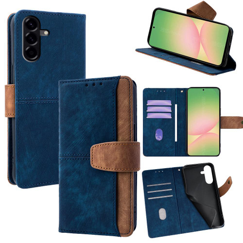 Samsung Galaxy A26 5G Color Stitching Skin Feel Leather RFID Blocking Phone Case - Blue