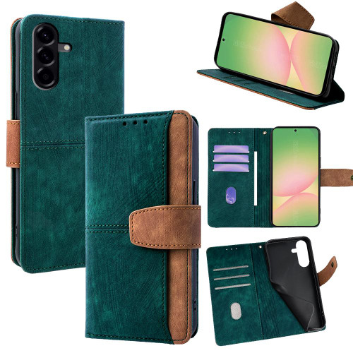 Samsung Galaxy A26 5G Color Stitching Skin Feel Leather RFID Blocking Phone Case - Green