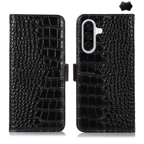 Samsung Galaxy A26 5G Crocodile Top Layer Cowhide Leather Phone Case - Black