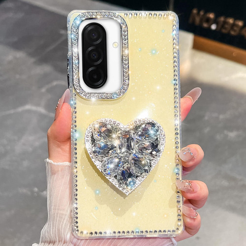 Samsung Galaxy A26 5G Diamond Glitter Gemstone Heart Holder Phone Case - Light Yellow
