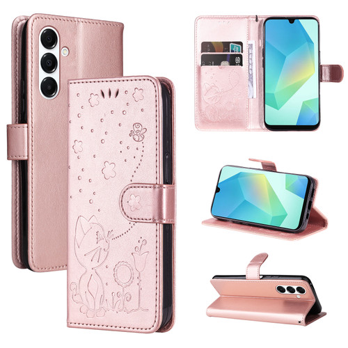 Samsung Galaxy A26 5G Global Cat Bee Embossing Pattern Shockproof Leather Case - Rose Gold