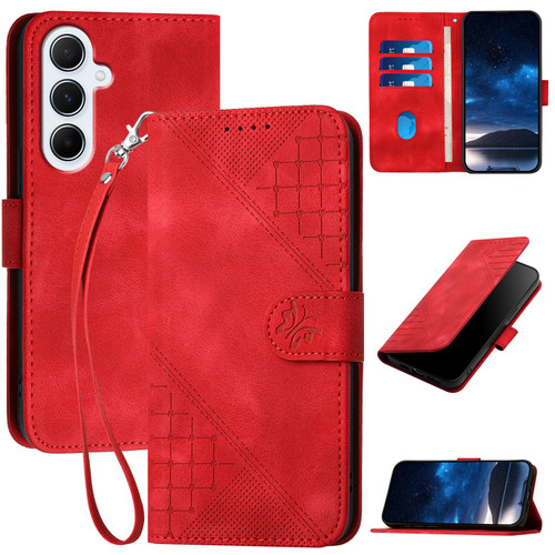 Samsung Galaxy A26 5G Grid Butterfly Embossed Pattern Leather Phone Case with Lanyard - Red