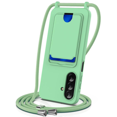 Samsung Galaxy A26 5G Integrated Card Bag Solid Color Liquid Silicone Phone Case with Lanyard - Green