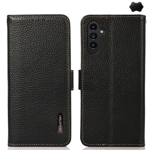 Samsung Galaxy A26 5G KHAZNEH Side-Magnetic Litchi Genuine Leather RFID Phone Case - Black