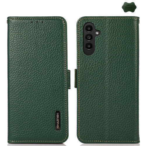 Samsung Galaxy A26 5G KHAZNEH Side-Magnetic Litchi Genuine Leather RFID Phone Case - Green