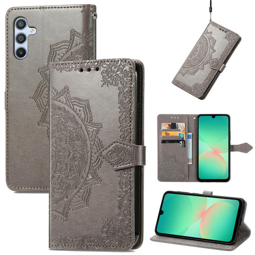 Samsung Galaxy A26 5G Mandala Flower Embossed Leather Phone Case - Gray