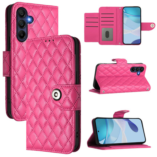 Samsung Galaxy A26 5G Rhombic Texture Flip Leather Phone Case with Lanyard - Rose Red