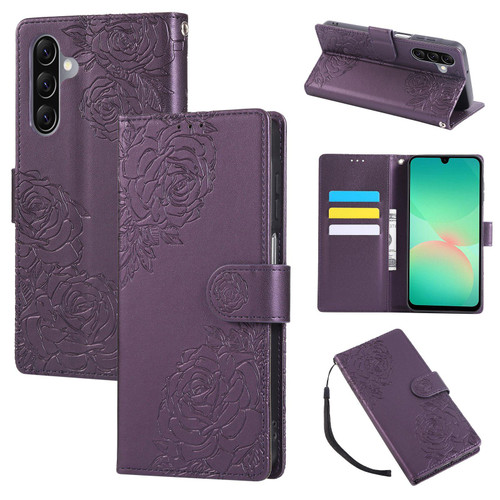 Samsung Galaxy A26 5G Rose Flower Embossed 3-Card Slots Leather Phone Case - Deep Purple