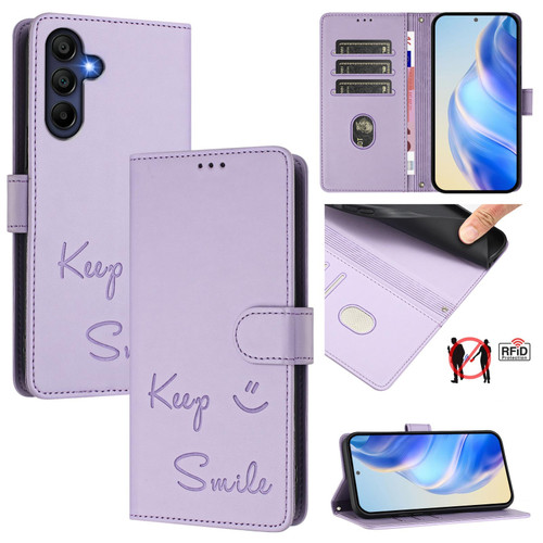 Samsung Galaxy A26 5G Smile Embossing RFID Leather Phone Case - Light Purple
