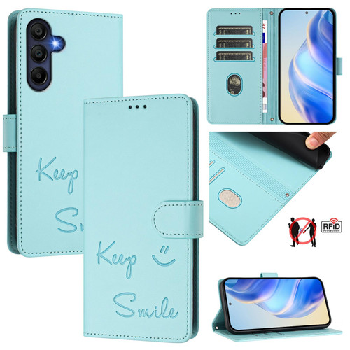 Samsung Galaxy A26 5G Smile Embossing RFID Leather Phone Case - Mint Green
