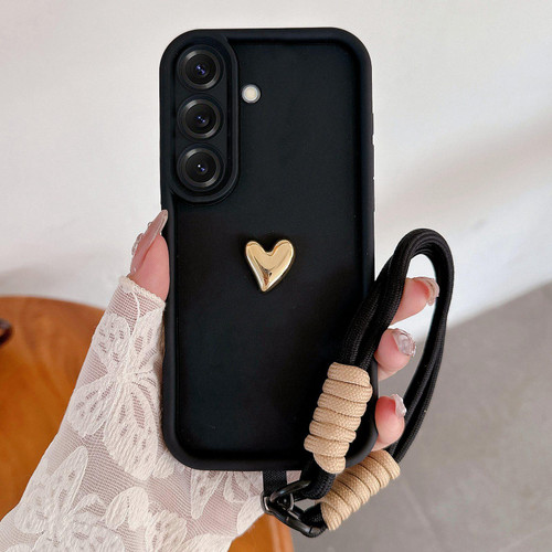 Samsung Galaxy A26 5G Solid Color 3D Love TPU Phone Case with Lanyard - Black