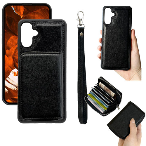 Samsung Galaxy A26 5G Solid Color Zipper 11-Card Slots Bag Phone Case with Lanyard - Black