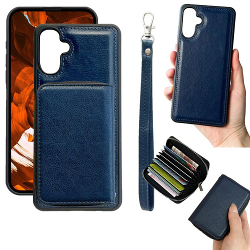 Samsung Galaxy A26 5G Solid Color Zipper 11-Card Slots Bag Phone Case with Lanyard - Blue