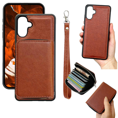 Samsung Galaxy A26 5G Solid Color Zipper 11-Card Slots Bag Phone Case with Lanyard - Brown