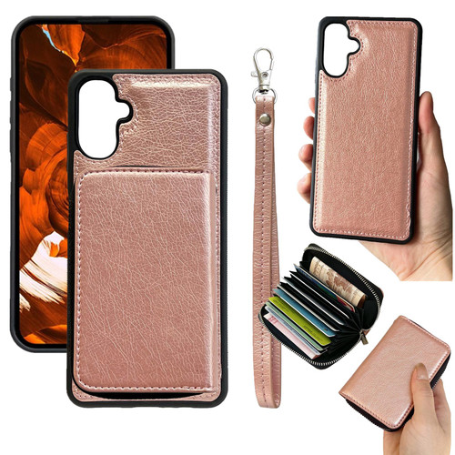 Samsung Galaxy A26 5G Solid Color Zipper 11-Card Slots Bag Phone Case with Lanyard - Rose Gold