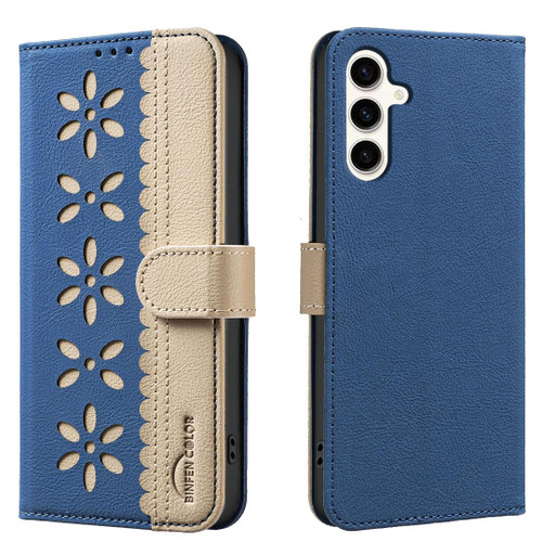 Samsung Galaxy A26 5G Splicing Color Hollow Flower Pattern RFID Leather Phone Case - Dark Blue