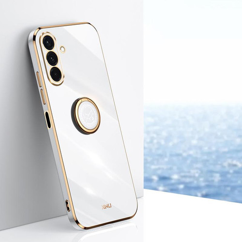 Samsung Galaxy A26 5G XINLI Straight Edge 6D Electroplate TPU Phone Case with Ring Holder - White Samsung Galaxy A26 5G XINLI Straight Edge 6D Electroplate TPU Phone Case with Ring Holder - White