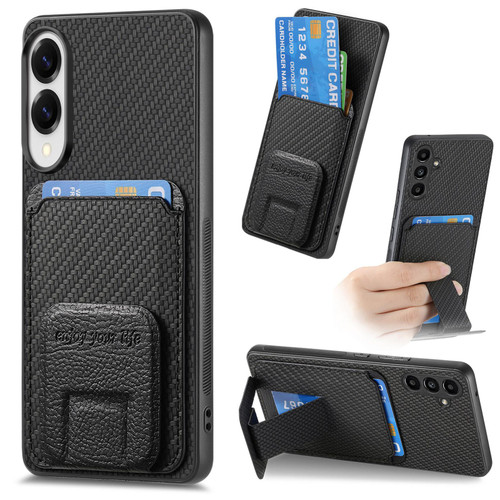 Samsung Galaxy S25 Edge 5G Carbon Fiber Card Bag Fold Stand Phone Case - Black