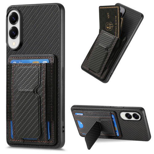 Samsung Galaxy S25 Edge 5G Carbon Fiber Fold Stand Elastic Card Bag Phone Case - Black