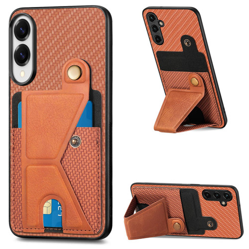 Samsung Galaxy S25 Edge 5G Carbon Fiber Wallet Flip Card K-shaped Holder Phone Case - Brown
