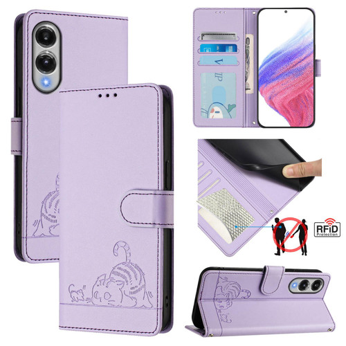 Samsung Galaxy S25 Edge 5G Cat Rat Embossed RFID Leather Phone Case with Lanyard - Purple