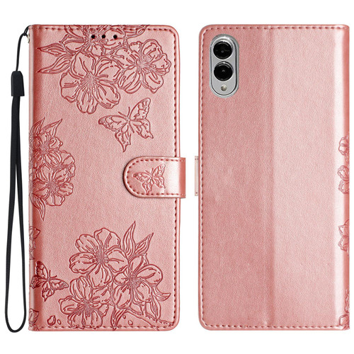 Samsung Galaxy S25 Edge 5G Cherry Blossom Butterfly Skin Feel Embossed PU Phone Case - Rose Gold