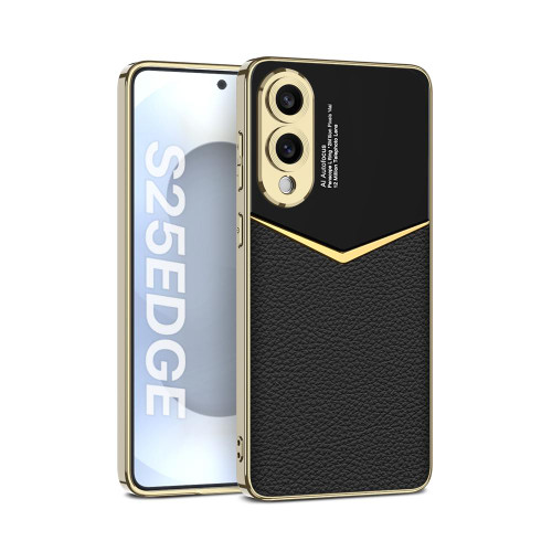 Samsung Galaxy S25 Edge 5G GKK Plating Soft TPU + Leather Full Coverage Phone Case without Pen - Black Samsung Galaxy S25 Edge 5G GKK Plating Soft TPU + Leather Full Coverage Phone Case without Pen - Black