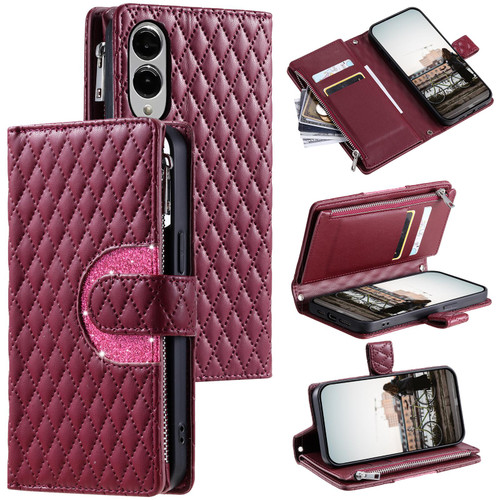 Samsung Galaxy S25 Edge 5G Glitter Lattice Zipper Wallet Leather Phone Case - Wine Red