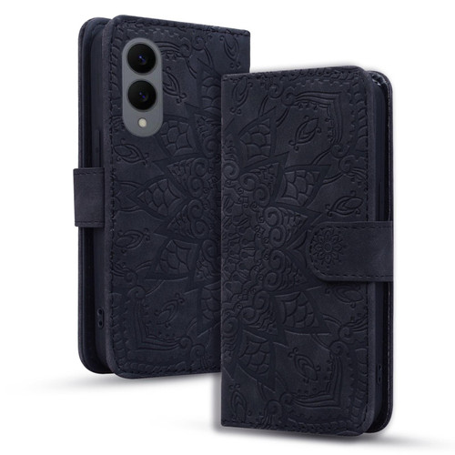 Samsung Galaxy S25 Edge 5G Mandala Embossed Dual-Fold Calf Leather Phone Case - Black