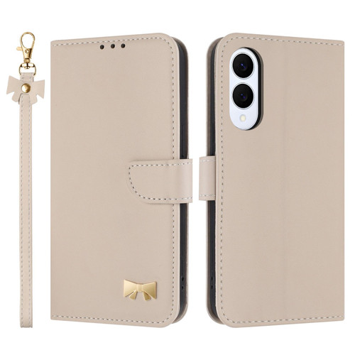 Samsung Galaxy S25 Edge 5G Metal Bow Leather Phone Case with Hand Strap - Apricot Samsung Galaxy S25 Edge 5G Metal Bow Leather Phone Case with Hand Strap - Apricot
