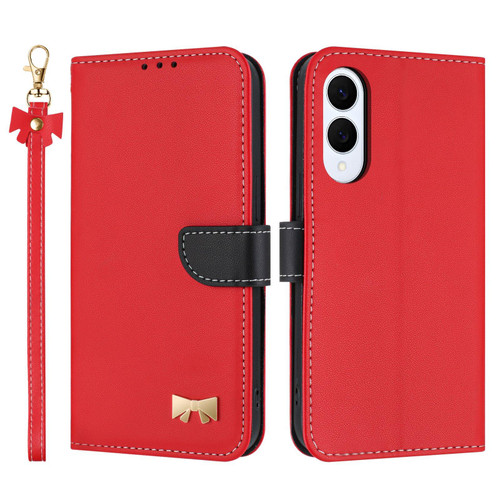 Samsung Galaxy S25 Edge 5G Metal Bow Leather Phone Case with Hand Strap - Red Samsung Galaxy S25 Edge 5G Metal Bow Leather Phone Case with Hand Strap - Red