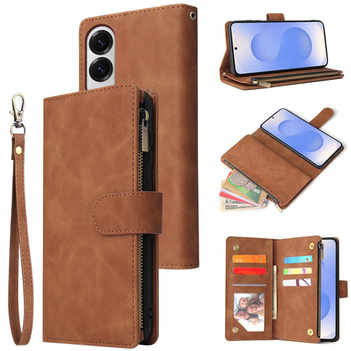 Samsung Galaxy S25 Edge 5G Multifunctional Frosted Zipper Wallet Leather Phone Case - Brown