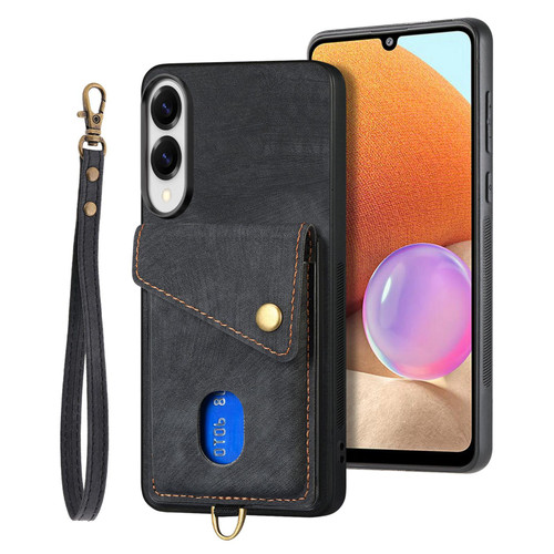 Samsung Galaxy S25 Edge 5G Retro Card Wallet Fold Leather Phone Case with Strap - Black